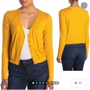 Abound womens XS mustard yellow pointelle knit crop cardigan w front buttons